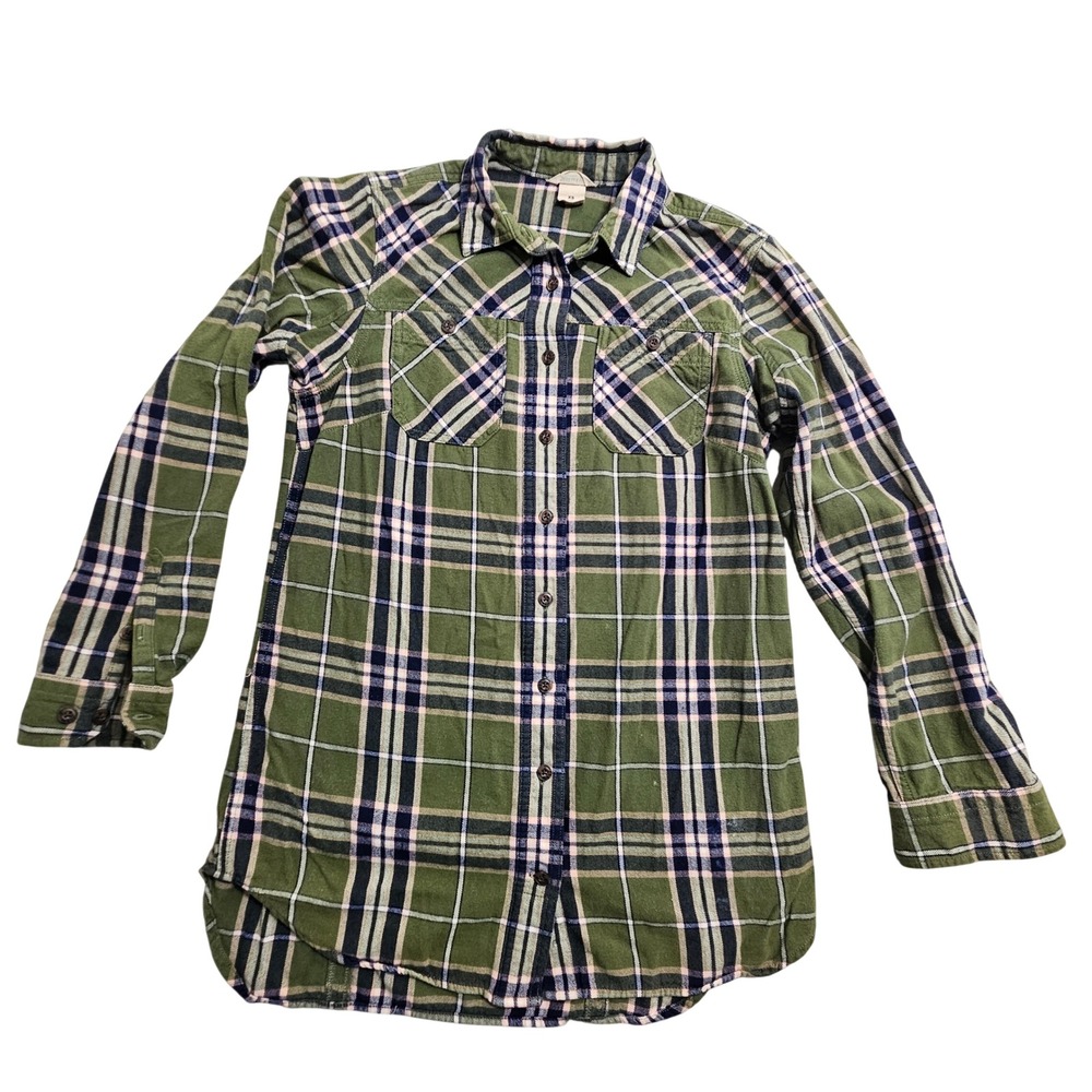 Duluth Trading Co Flannel Shirt Women XS Green Plaid Long Sleeve Button Up 74756